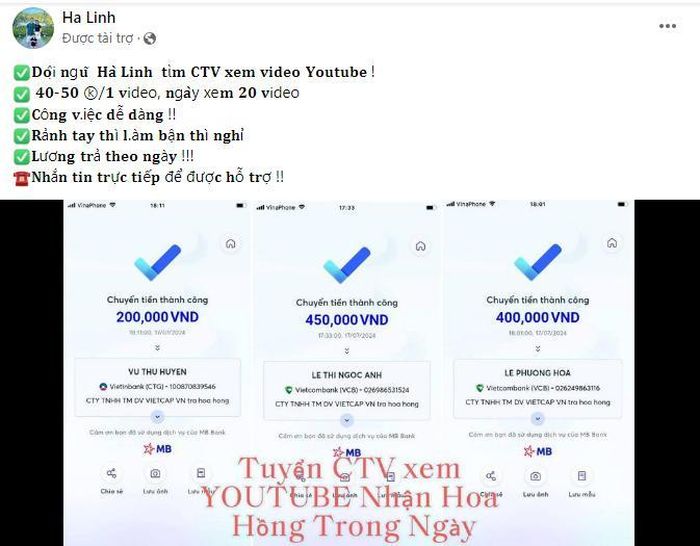 Mạo danh người nổi tiếng để tìm kiếm cộng tác viên. Ảnh chụp màn hình