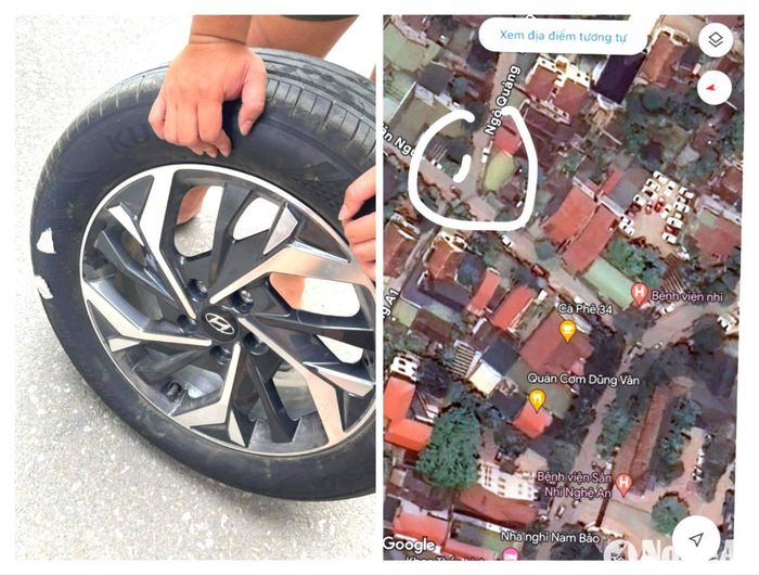 Lốp xe của một người dân bị chọc thủng 2 vết và địa điểm để xe được khoanh tròn trên bản đồ. Ảnh tư liệu Tiến Đông