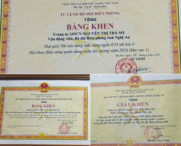 Bên cạnh thành tích bắn súng, Trung úy Nguyễn Thị Trà My còn đạt nhiều thành tích trong quá trình công tác. Ảnh: Thanh Quỳnh