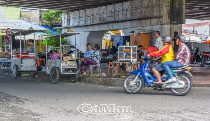 Những người đẩy xe bán thức ăn thản nhiên đậu xe dưới lòng đường tại gầm cầu Gành Hào. (ảnh chụp ngày 12/8/2024)