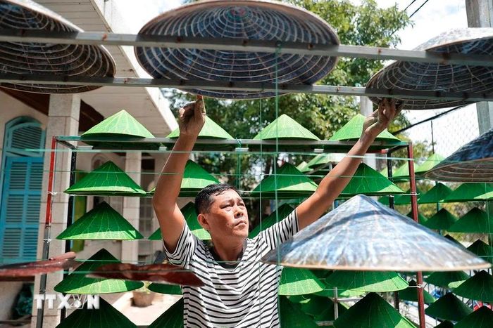  Những đường vân đa dạng, độc đáo của lá sen chạy khắp thân nón mang đến sự ngạc nhiên, thú vị. (Ảnh: Minh Quyết/TTXVN) 