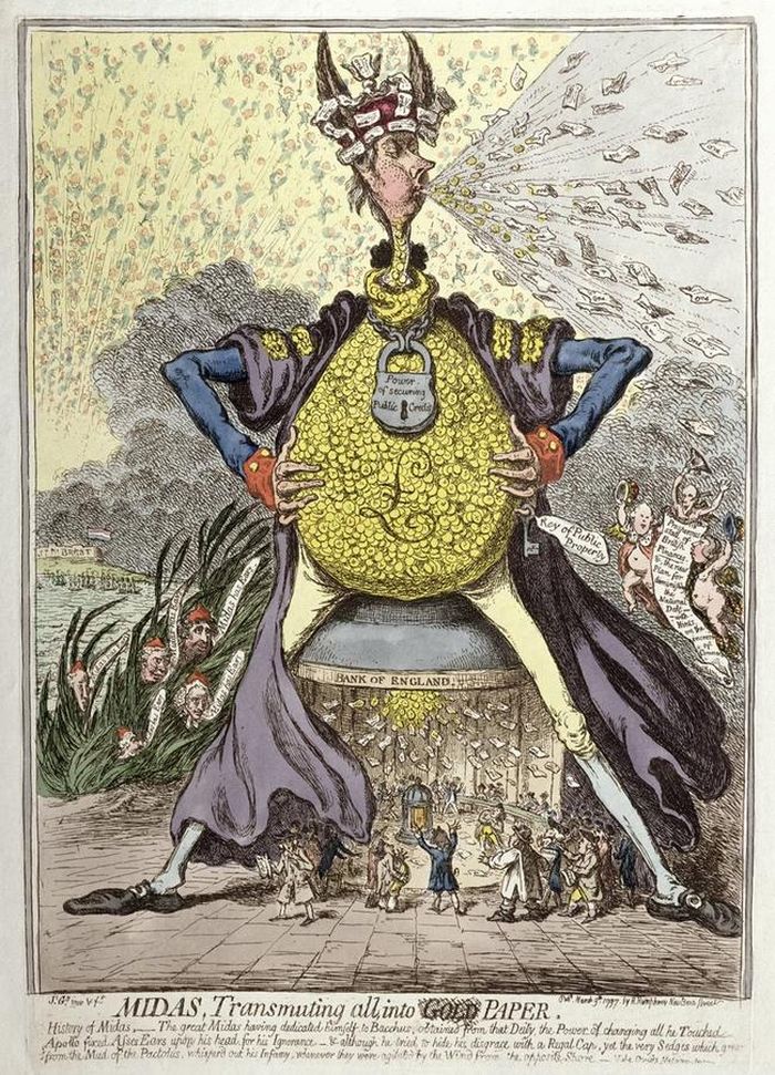 Tác phẩm “Midas, Transmuting All, Into Paper” (1797) của James Gillray