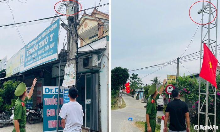 Công an xã Nghĩa Khánh cùng cán bộ các thôn, xóm kiểm tra hệ thống camera an ninh trên địa bàn. Ảnh: Mai Phượng