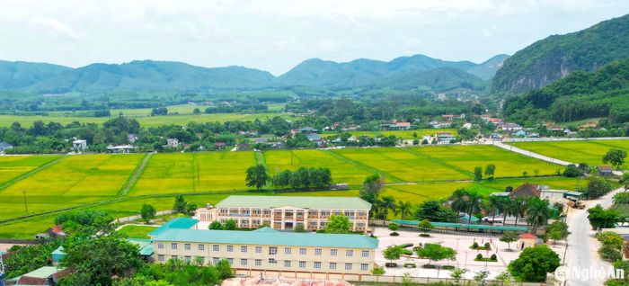 Những cánh đồng lúa vàng bên làng quê trù phú ở xã Đồng Thành. Ảnh: Văn Trường