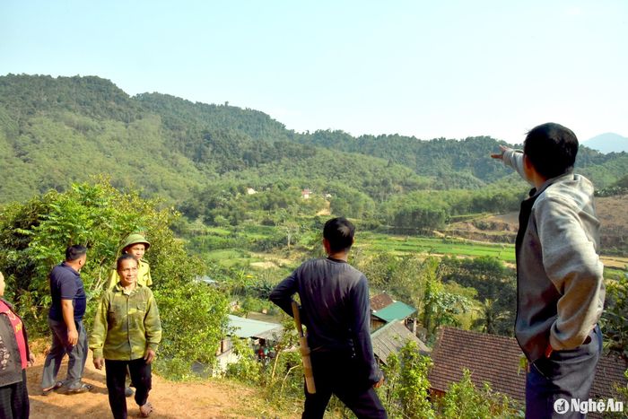 Trưởng bản Bủng Xát, xã Châu Khê (Con Cuông) Lương Văn Kim (ngoài cùng bên phải) giới thiệu các vùng rừng do cộng đồng bảo vệ. Ảnh: Hoài Thu