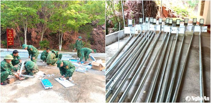 Cán bộ, chiến sĩ Đồn Biên phòng Mỹ Lý chuẩn bị vật liệu triển khai mô hình "Ánh sáng đường biên". Ảnh: G.H