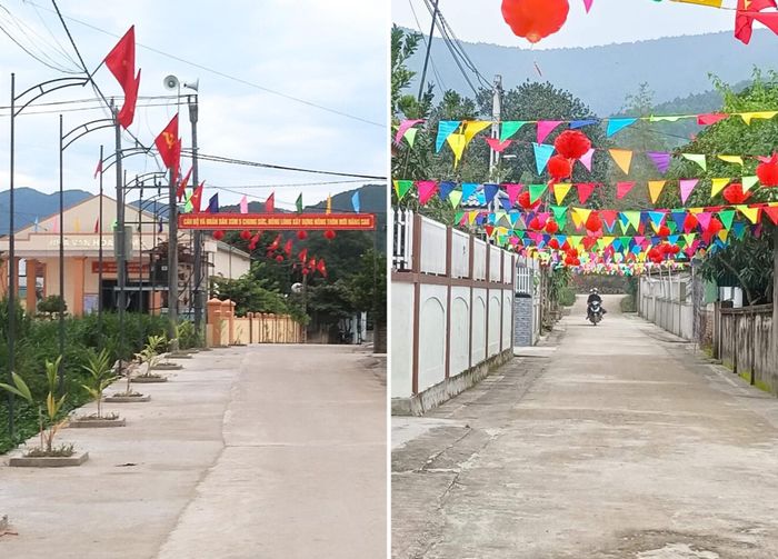 Những con đường khang trang, sạch sẽ, phấp phới cờ hoa ở xóm 5, xã Nghi Hưng. Ảnh: CSCC