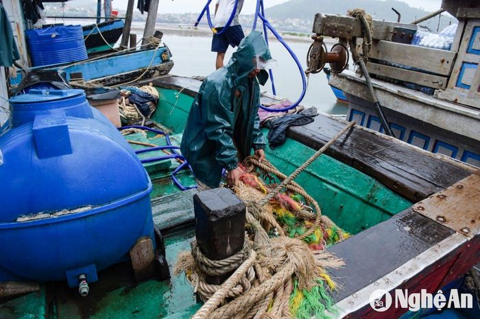 Tại Quỳnh Phương, Hoàng Mai, chủ các tàu thuyền chằng chéo tàu, neo cố định dây cáp chắc chắn. Ảnh: T.P