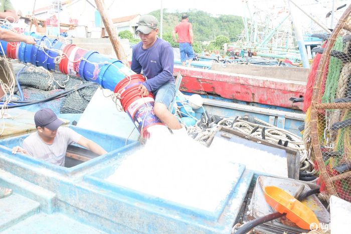 Ngư dân phường Quỳnh Lập (TX.Hoàng Mai) chuẩn bị đá lạnh bảo quản cho chuyến biển sẽ xuất bến vào ngày mai. Ảnh: T.P