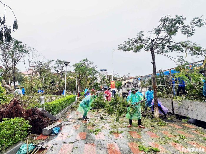 Ngay khi tiếp cận thành phố, các thanh niên tình nguyện Nghệ An đã bỏ qua những mệt mỏi sau một đêm di chuyển mà bắt tay ngay vào việc hỗ trợ khắc phục hậu quả bão số 3. Ảnh: Thành Tân