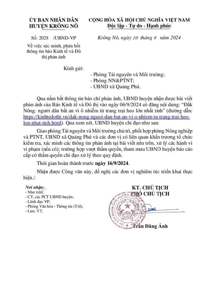 UBND huyện Krông Nô, chỉ đạo các đơn vị liên quan khẩn trương kiểm tra, xác minh và phản hồi thông tin Báo Kinh tế và Đô thị phản ánh.