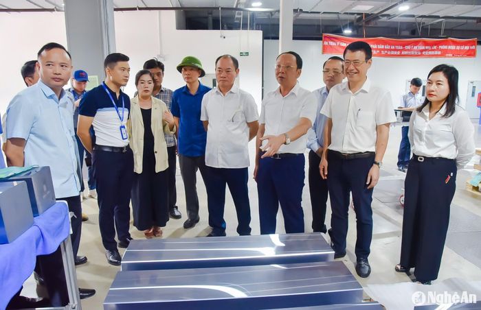 Đoàn công tác tham quan dây chuyền sản xuất của Tập đoàn Runergy ở KCN Hoàng Mai I. Ảnh: TL