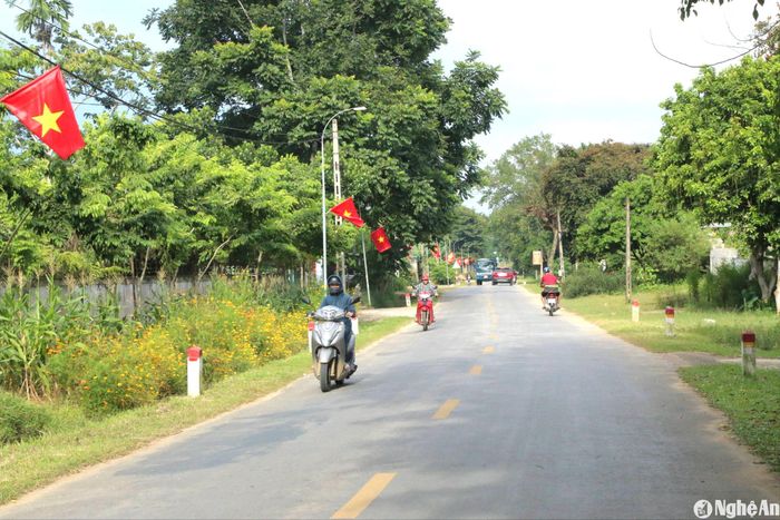 Những cột đèn đường chiếu sáng được lắp đặt trên địa bàn xã Mường Nọc đều được gắn cờ Tổ quốc. Ảnh: KL