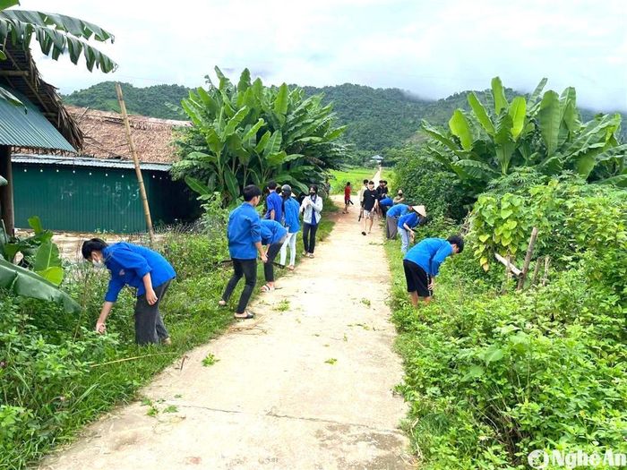 Lực lượng đoàn viên, thanh niên phát quang, vệ sinh môi trường tuyến đường đầu cầu treo xã Mường Nọc (Quế Phong). Ảnh: CSCC