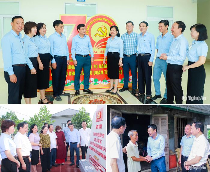 Các đồng chí Thường trực Đảng ủy Khối CCQ tỉnh trao đổi với lãnh đạo, cán bộ cơ quan Đảng ủy Khối; Lãnh đạo, nguyên lãnh đạo Đảng ủy Khối CCQ tỉnh thăm Công trình Bia dẫn tích được xây dựng tại xóm 4, xã Quang Sơn (Đô Lương) từ năm 2019; Đây là nơi sơ tán và đặt trụ sở làm việc của cơ quan Đảng ủy Khối từ 1966 đến năm 1973; Lãnh đạo Đảng ủy Khối CCQ tỉnh thăm gia đình ông Lê Đăng Dương (con trai ông Lê Đăng Cận), xã Quang Sơn (Đô Lương) đã nhường ngôi nhà ở của gia đình cho Đảng ủy Khối làm việc từ năm 1966-1973. Ảnh: Thành Duy - Mai Hoa