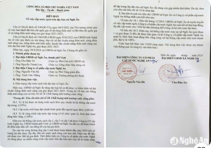 Biên bản “Về việc cấp nước sạch trên địa bàn xã Nghi Ân” giữa UBND xã Nghi Ân và Công ty CP Cấp nước Nghệ An dịp tháng 5/2024. Ảnh: Nhật Lân