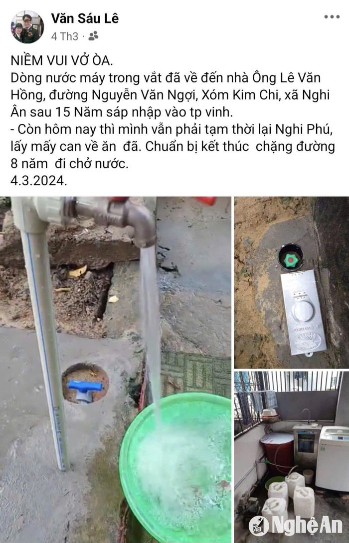 Ông Lê Văn Sáu (xóm Kim Chi) đăng ảnh, và viết trên Facebook cá nhân ngày 4/3/2024, khi biết gia đình mình sắp được sử dụng nước máy. Ảnh: Nhật Lân
