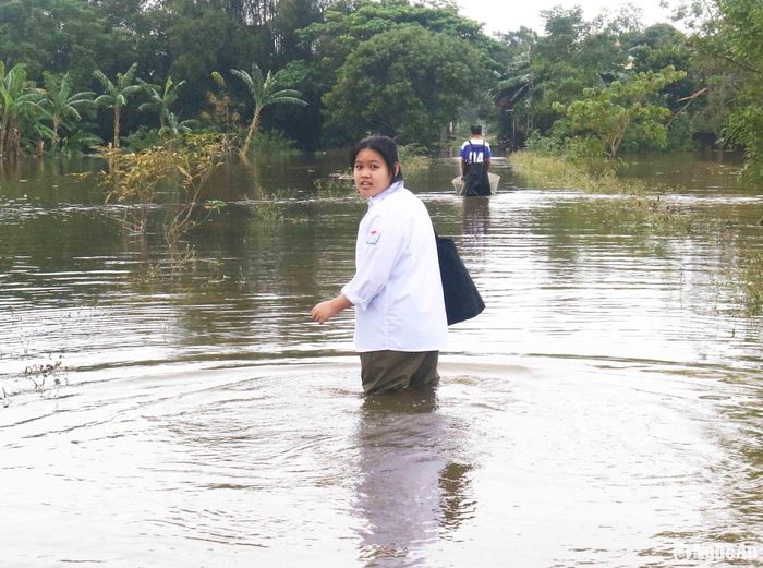 Một số em học sinh ở xã Châu Nhân đi học phải vượt qua những đoạn đường ngập lũ đến đầu gối, tiềm ẩn không ít rủi ro. Ảnh: An Nam