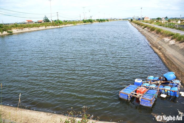 Hồ chứa nước sau khi bơm trực tiếp từ biển vào. Từ hồ chứa này, các hộ nuôi tôm ở xã Quỳnh Bảng lấy nước vào ao đầm để nuôi tôm. Ảnh: Xuân Hoàng