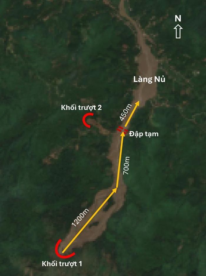 Ảnh vệ tinh Sentinel 2 (ngày 19/9/2024) thể hiện dòng lũ bùn đá và các khối trượt lở đất gây thảm họa ở Làng Nủ, xã Phúc Khánh, huyện Bảo Yên, Lào Cai (ngày 10/9/2024)
