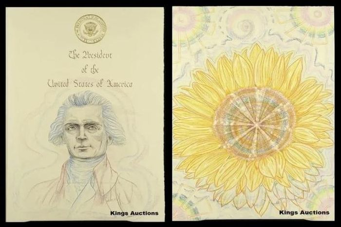 Hai tác phẩm mặt trước và mặt sau có tên là “Sunflower” (1998) và “President Jefferson” (1994)