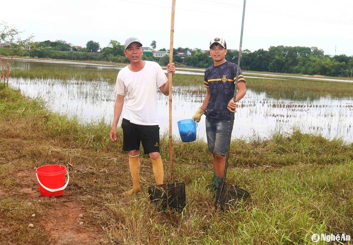 Anh Nguyễn Trọng Bá ở xóm 1, xã Thanh Lương chia sẻ: Năm nào nước lũ lên ruộng, sau khi nước rút, người dân xã anh lại rủ nhau đi xúc cua đồng. Đi xúc cua không chỉ kiếm được thức ăn mà còn có nhiều kỷ niệm vui. Ảnh: Huy Thư