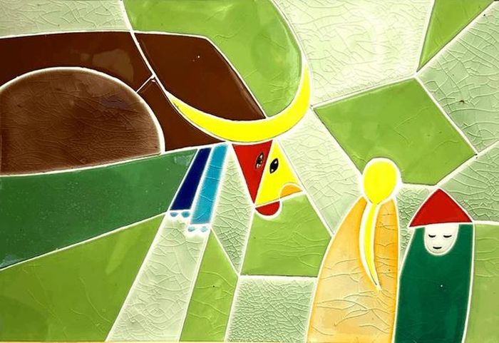 Tác phẩm "Chăn trâu" (gốm mosaic, 50x70cm) của Lê Thiết Cương