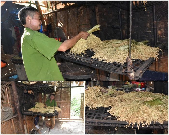 Ngày nắng người dân treo lúa trên dây phơi, ngày mưa lúa được hong trên bếp lửa. Người dân Khơ Mú thường trồng lúa nếp vào vụ mùa, vừa để làm cốm mới, vừa dùng để hông xôi ăn vào các dịp lễ tết cận kề. Ảnh: HT