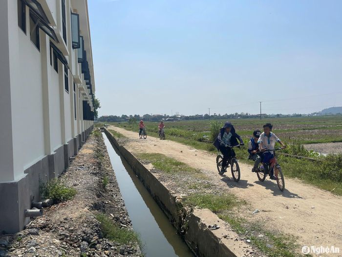Ngay sát bờ tường Trường Tiểu học Quỳnh Hưng có đoạn mương hở, do tuyến đường chưa hoàn thành nên mương cũng chưa thể đậy nắp, khi học sinh đi qua rất dễ xảy ra tai nạn. Ảnh: Tiến Đông