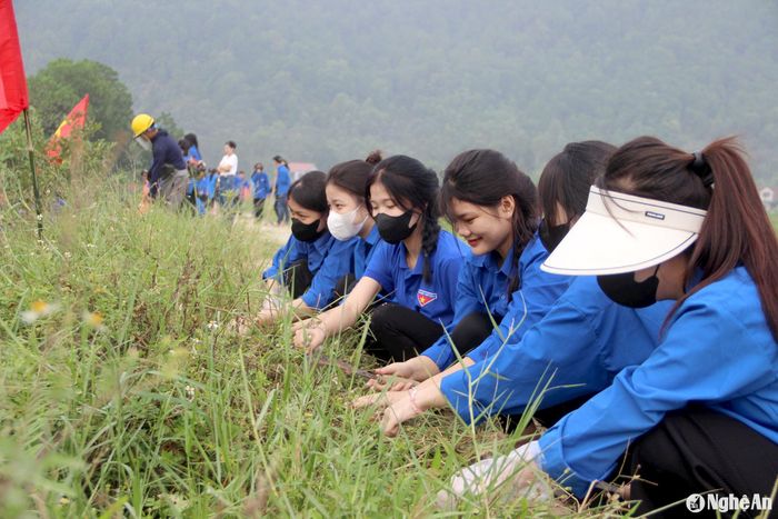 Em Võ Bảo Linh, lớp 12A7, trường THPT Thái Lão cho biết: Thời gian qua, vấn đề lũ lụt, ngập úng xảy ra thường xuyên ở các địa phương cả nước, do đó, công tác làm thủy lợi ngày càng đóng vai trò quan trọng trong sản xuất nông nghiệp cũng như hạn chế được thiệt hại do mưa lũ gây ra, do đó, chúng em rất vui vì được tham gia đợt ra quân lần này. Ảnh: Q.A
