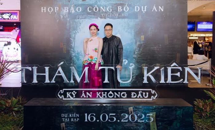 Vợ chồng Victor Vũ - Đinh Ngọc Diệp trong buổi ra mắt đoàn phim “Thám tử Kiên - Kỳ án không đầu”