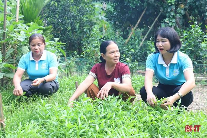 Chị Thủy lắng nghe hội viên Chi hội thôn Hưng Thịnh chia sẻ về quy trình trồng rau muống cạn.
