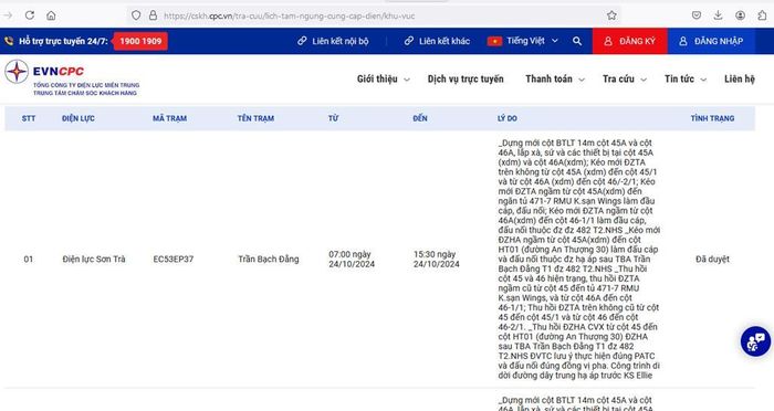 Lịch cắt điện Đà Nẵng ngày 30/9 cập nhật tại website của EVNCPC. Ảnh: BNEWS/TTXVN