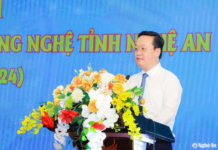 Đồng chí Nguyễn Đức Trung - Phó Bí thư Tỉnh ủy, Chủ tịch UBND tỉnh phát biểu tại lễ kỷ niệm. Ảnh: Phạm Bằng