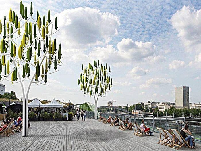 Mỗi tua-bin Aeroleaf có thể quay độc lập, nhưng các thiết bị sẽ hiệu quả nhất khi được sắp xếp cùng nhau như lá trên cây. Một cây Aeroleaf có thể cung cấp điện cho trạm sạc xe điện hoặc đèn ngoài trời trong bãi đậu xe. Ảnh: Arch2o