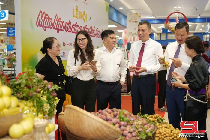 Lãnh đạo tỉnh Sơn La tham quan khu trưng bày mận hậu Sơn La tại hệ thống siêu thị Saigon Co.op.