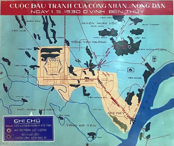 Sơ đồ khắc họa cuộc đấu tranh của liên minh công - nông vào ngày 1/5/1930 tại Vinh - Bến Thủy. Ảnh tư liệu Bảo tàng Xô viết Nghệ Tĩnh