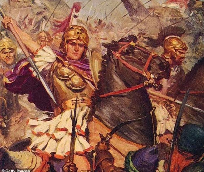 Lực lượng của Alexander Đại đế (356-323 TCN) được miêu tả đang chiến đấu với lực lượng của vua Ấn Độ Porus (hoạt động từ năm 327-315 TCN) trên bờ sông Hydaspes (nay là sông Jhelum ở Pakistan)