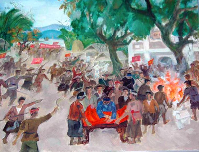Tranh vẽ minh họa cuộc đấu tranh của nhân dân huyện Nam Đàn.