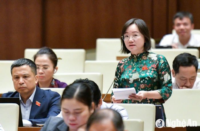 Đại biểu Thái Thị An Chung - Ủy viên Ban Chấp hành Đảng bộ tỉnh, Phó trưởng Đoàn chuyên trách Đoàn ĐBQH Nghệ An thảo luận về Dự án Luật sửa đổi, bổ sung một số điều của Luật Sĩ quan Quân đội nhân dân Việt Nam. Ảnh: Nghĩa Đức