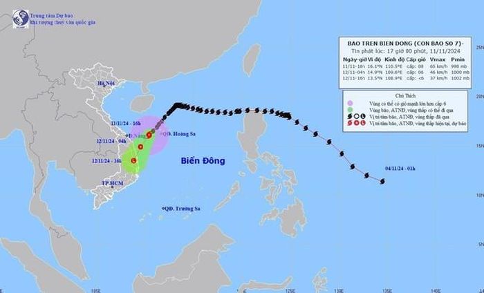 Đường đi của bão số 7, lúc 16h ngày 11/11/2024. Ảnh: TTXVN phát