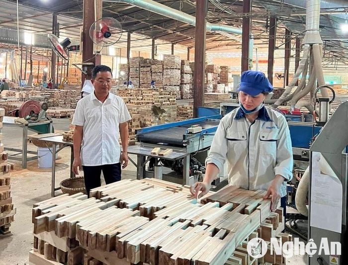 Ông Hồ Đức Đàn - Giám đốc Xí nghiệp Chế biến nông lâm sản Sông Hiếu kiểm tra xưởng sản xuất gỗ. Ảnh: VT