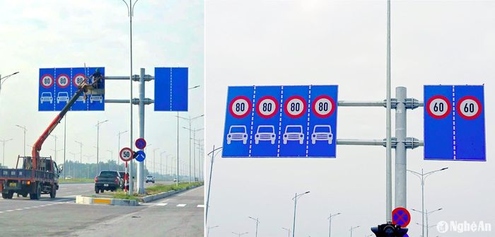 Lực lượng chức năng điều chỉnh tốc độ tối đa trên tuyến Đại lộ Vinh - Cửa Lò, chuẩn bị cho việc áp dụng chính thức từ ngày 15/11. Ảnh: Q.A