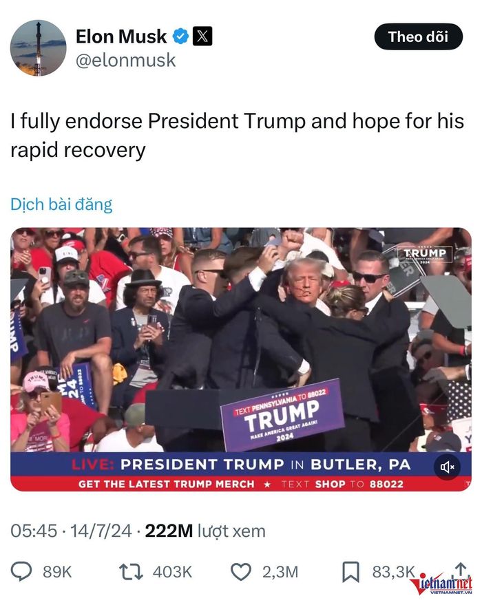 Ngày 14/7, trên tài khoản X, Musk tuyên bố “hoàn toàn ủng hộ Tổng thống Trump” và chúc ông sớm bình phục sau vụ ám sát hụt tại thành phố Butler, bang Pennsylvania. Ảnh: X