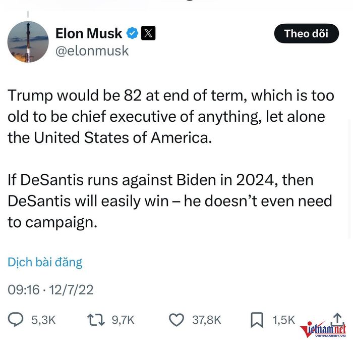 Elon Musk từng "chê" ông Donald Trump quá già để trở thành tổng thống. Ảnh: X