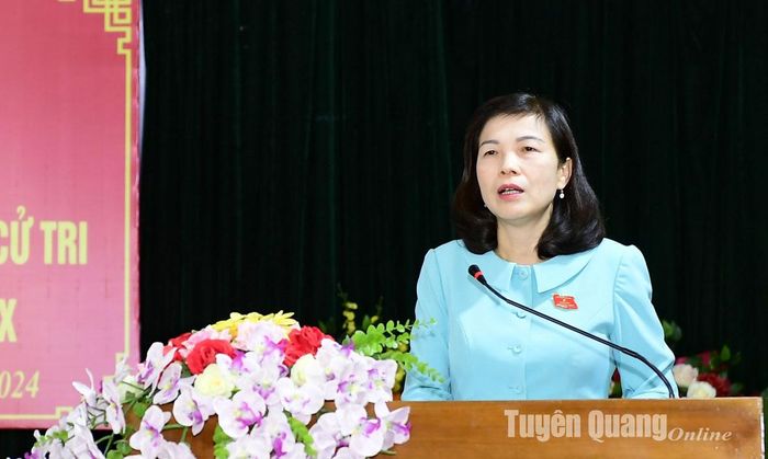Đồng chí Phạm Thị Minh Xuân, Ủy viên Ban thường vụ Tỉnh ủy, Phó Chủ tịch Thường trực HĐND tỉnh phát biểu với cử tri xã Trung Môn (Yên Sơn). Ảnh: Quốc Việt