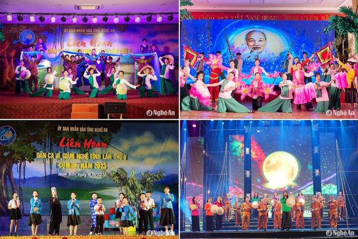 Một số tiết mục tham gia Liên hoan Dân ca ví, giặm Nghệ Tĩnh ở các cụm trong tỉnh. Ảnh: Đình Tuyên - Hoàng Long - Công Anh - TTVH huyện Hưng Nguyên