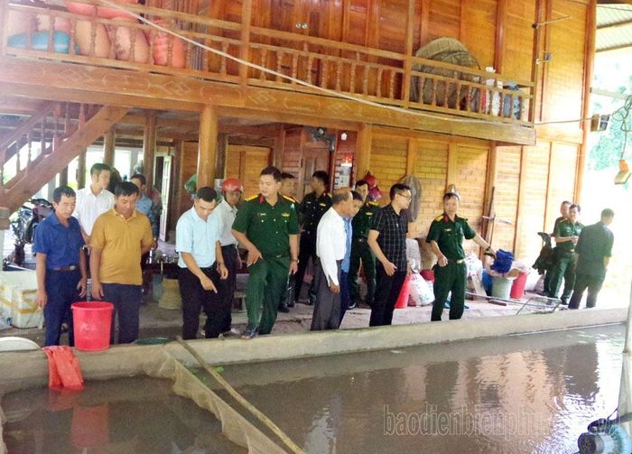 Cán bộ Đoàn 379 hướng dẫn người dân kỹ thuật nuôi cá thương phẩm.