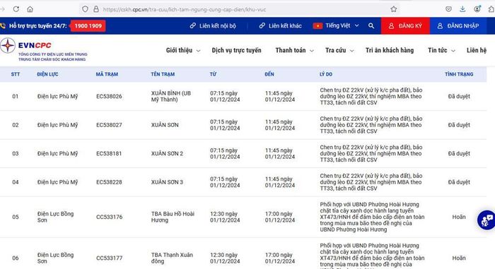 Lịch cắt điện Bình Định ngày mai 30/11 cập nhật tại website của EVNCPC. Ảnh: BNEWS/TTXVN