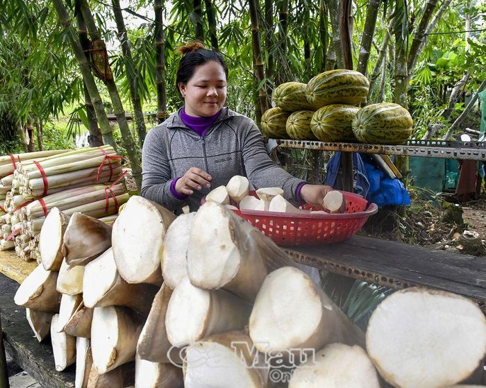 Sản vật U Minh như: măng tre, rau rừng, cá đồng... được bày bán dọc theo tuyến trục chính về trung tâm huyện.